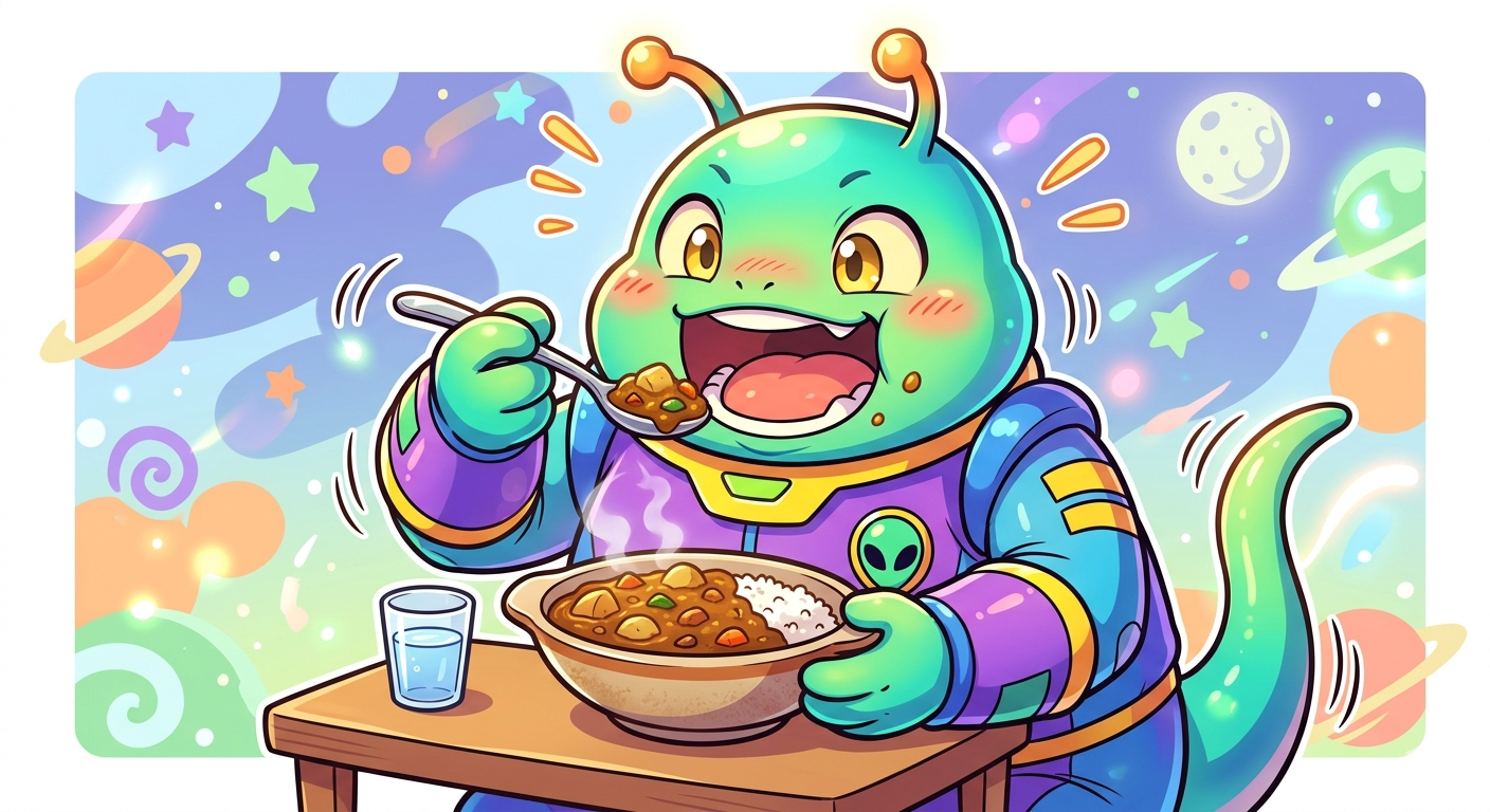 「カレーを食べている宇宙人」の生成例