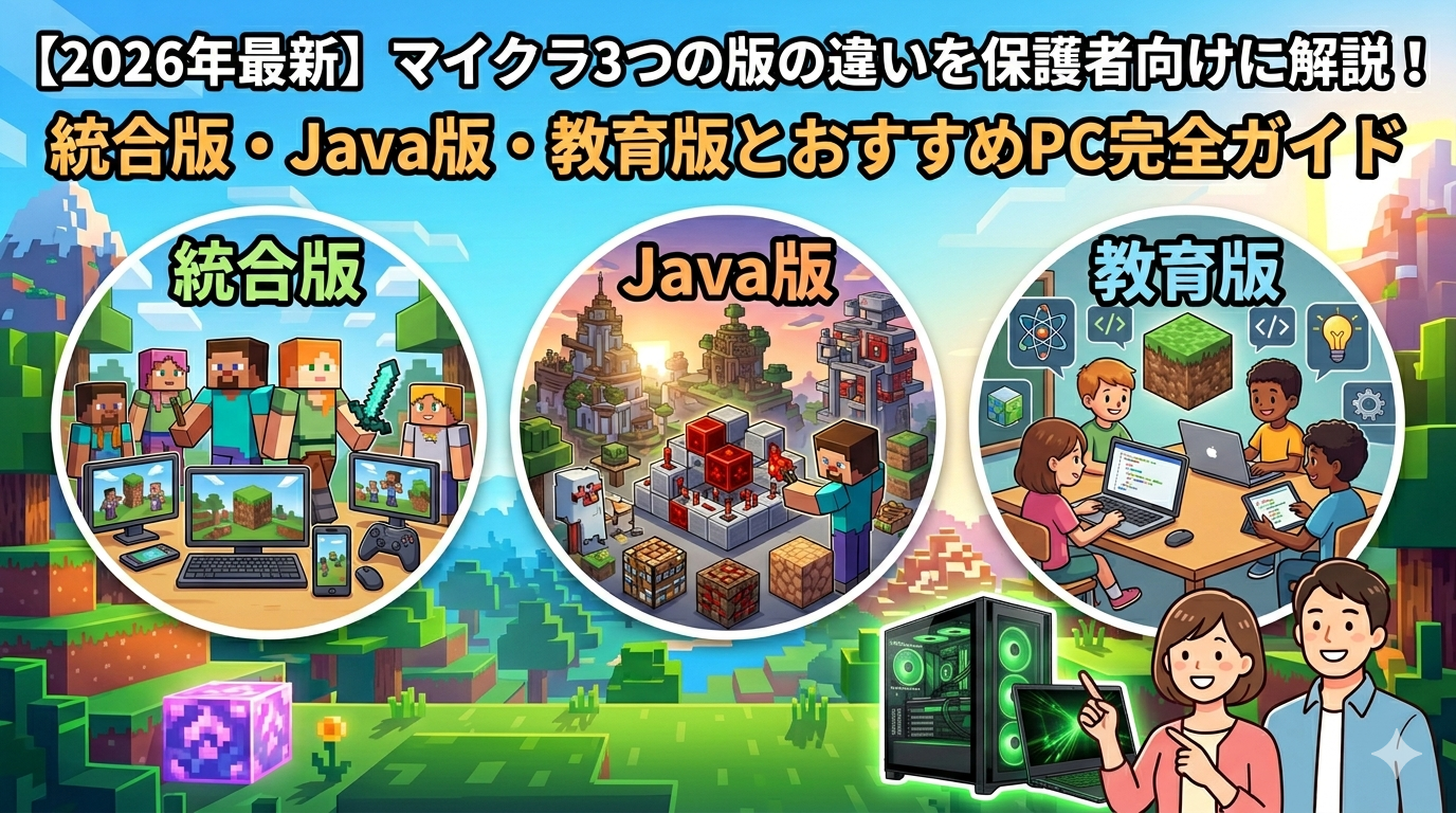 【2026年最新】マイクラ3つの版の違いを保護者向けに解説！統合版・Java版・教育版とおすすめPC完全ガイド